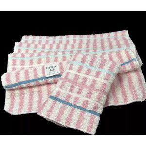 NOS Utica Cotton Satin Stripe Washcloth Towel Set 4 White Pink Blue English Rose